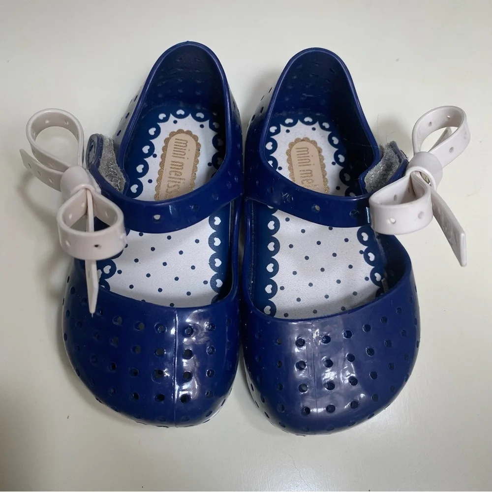 Mini Melissa Navy Mary Jane Sandals Toddler Little Girls Sz 5‎ White Snap On Bow